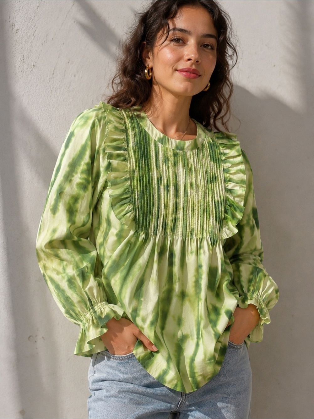 NWT Anthropologie Samant Chauhan Emilia Ruffled Tie Dyed Green Top Medium